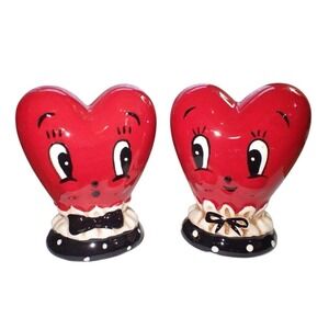 Johanna Parker Salt Pepper Shakers Heart Face Red Dapper Bow Valentine's‎ Set